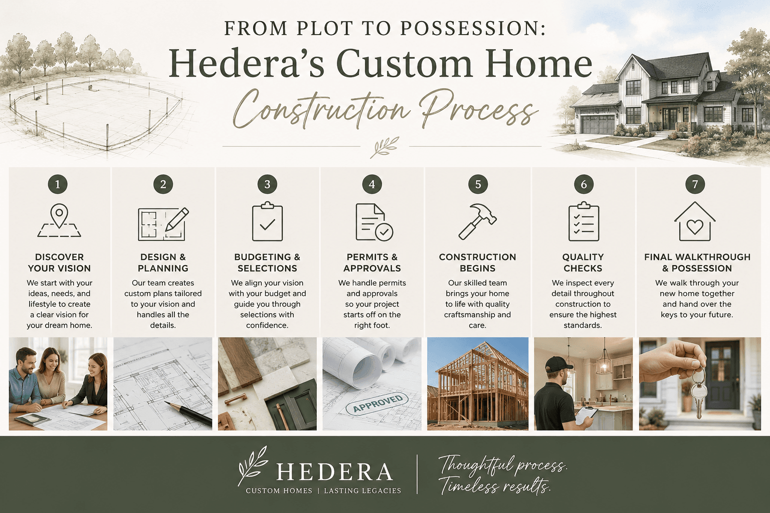 Illustration showing Hedera’s custom home construction process, from plot selection and design planning to construction, quality checks, and final home possession in Kannur.